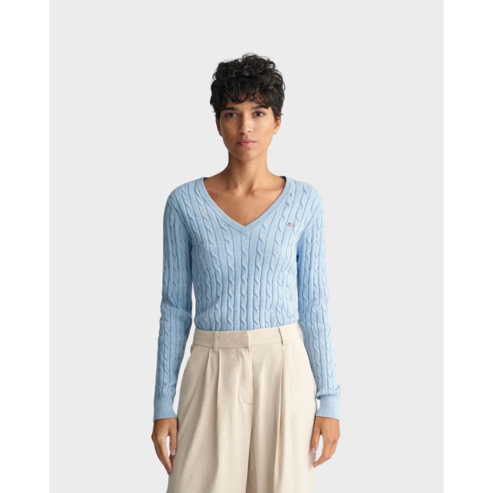 Gant stretch cotton cable v-neck - Dove Blue