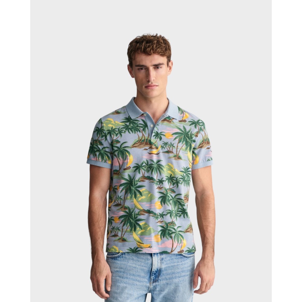 Hawaii Print Polo - Dove Blue