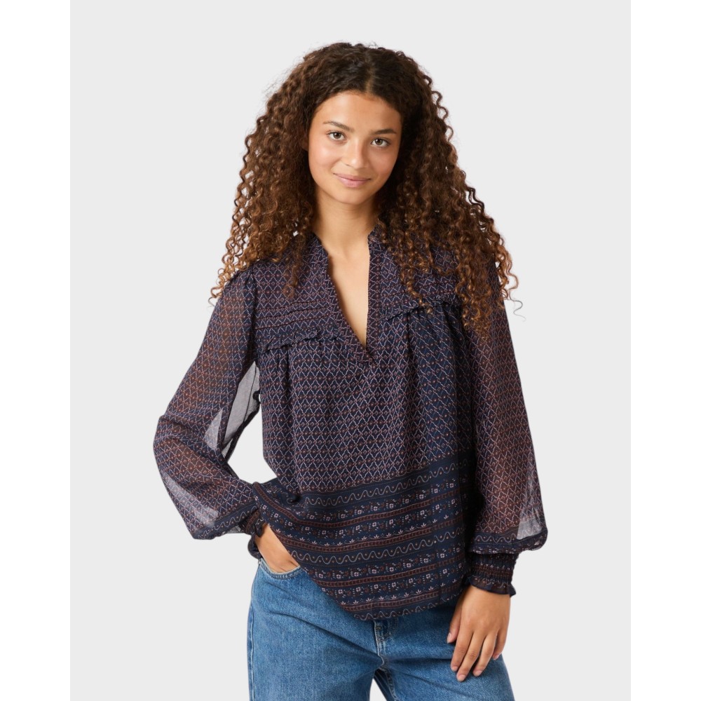 Rhia Border Pattern Blouse - Navy