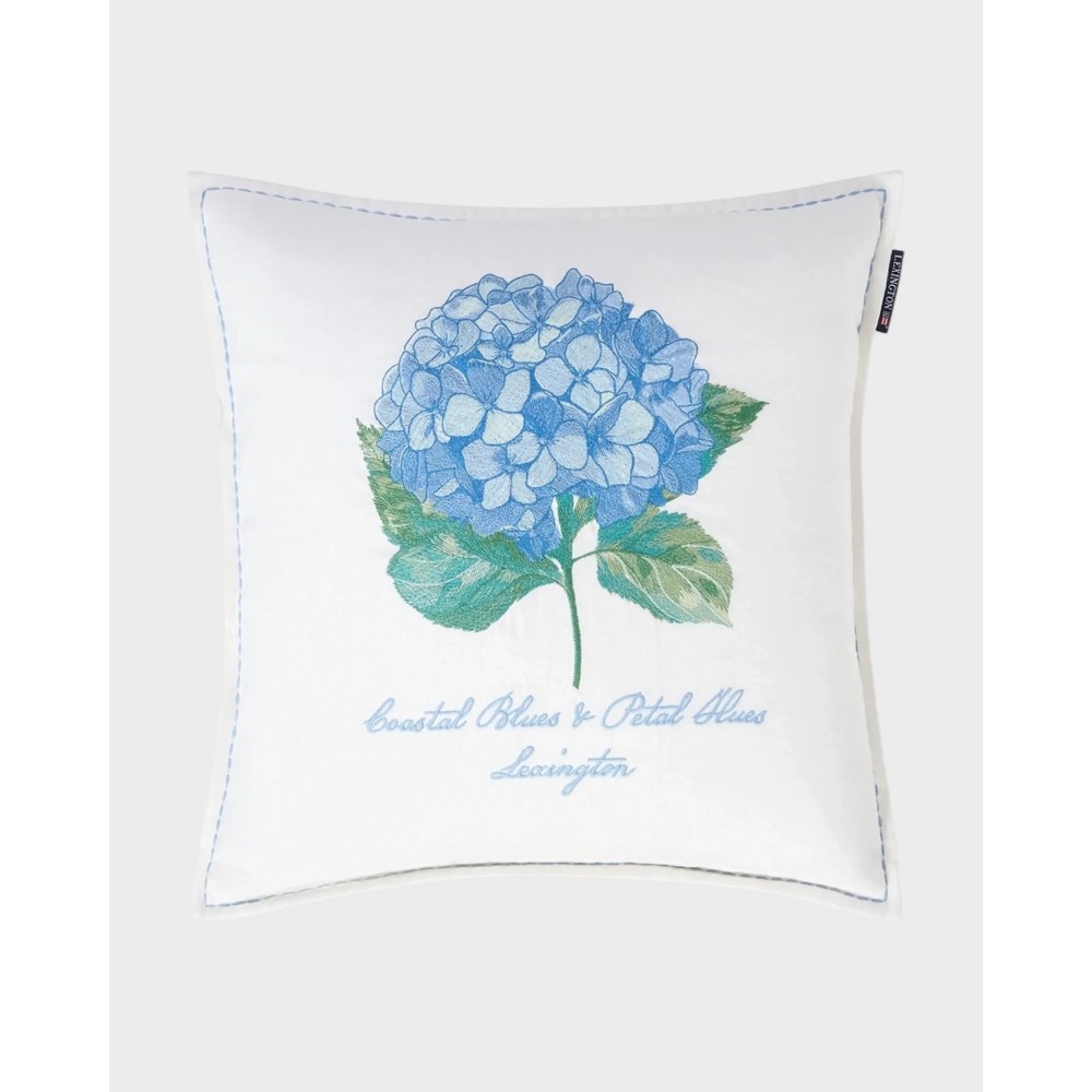 Floral embroidered linen/cotton pillow - White/blue