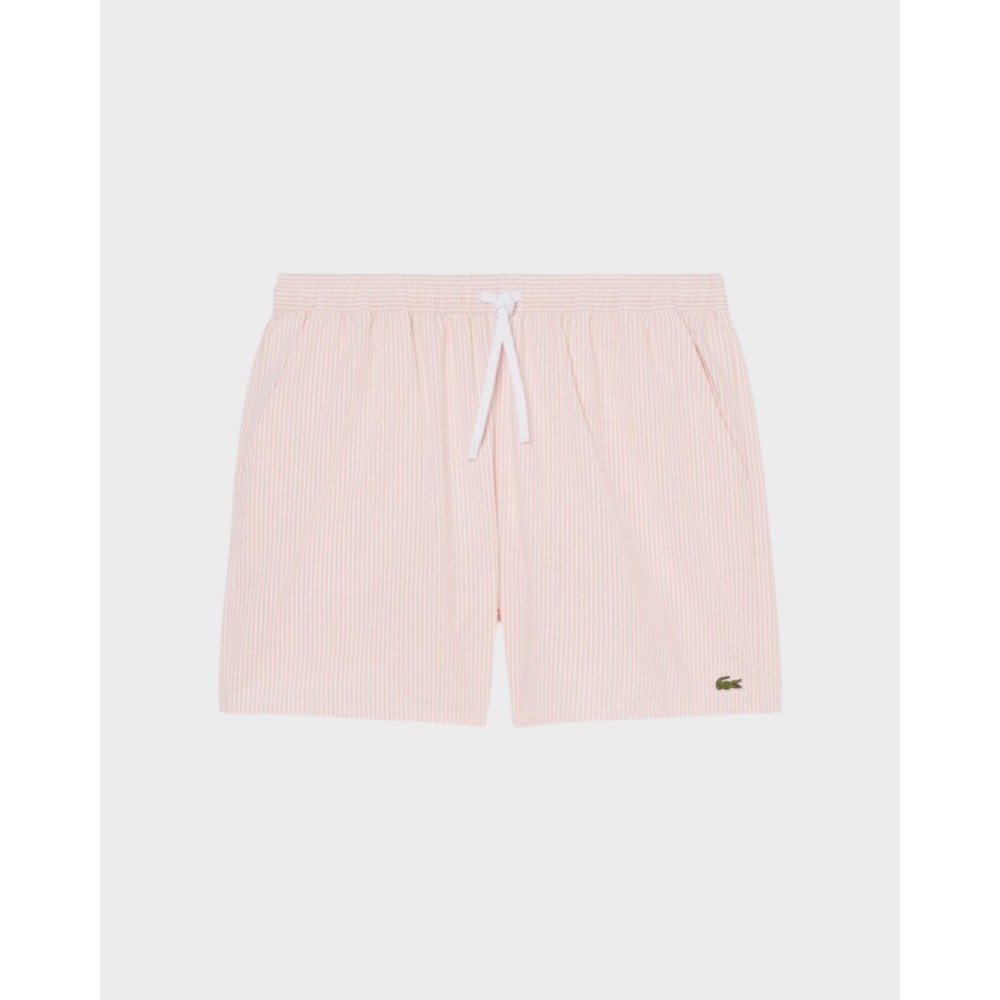 Mid length striped textured swim shorts - Rose/white