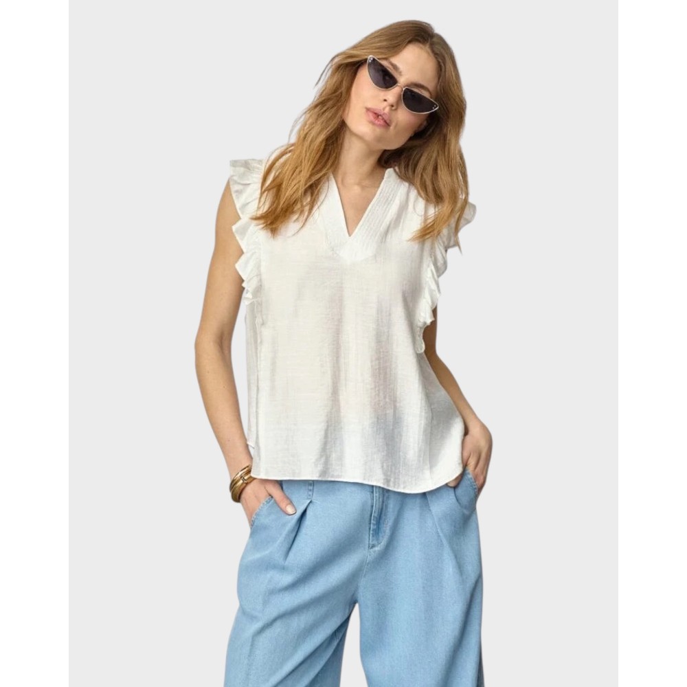 Hera Frill S/S V-top - White
