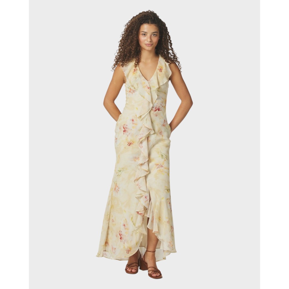 Zella Chiffon Print Dress - Dusty Yellow
