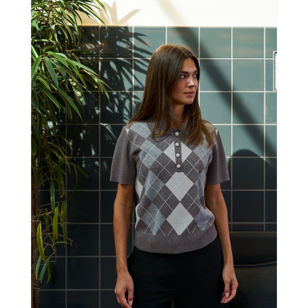 Gia Check Knit Blouse - Dark Taupe