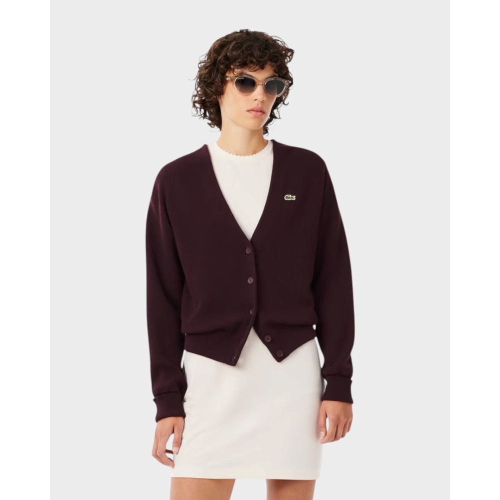 V-neck moss stitch cotton cardigan - Dark burgundy