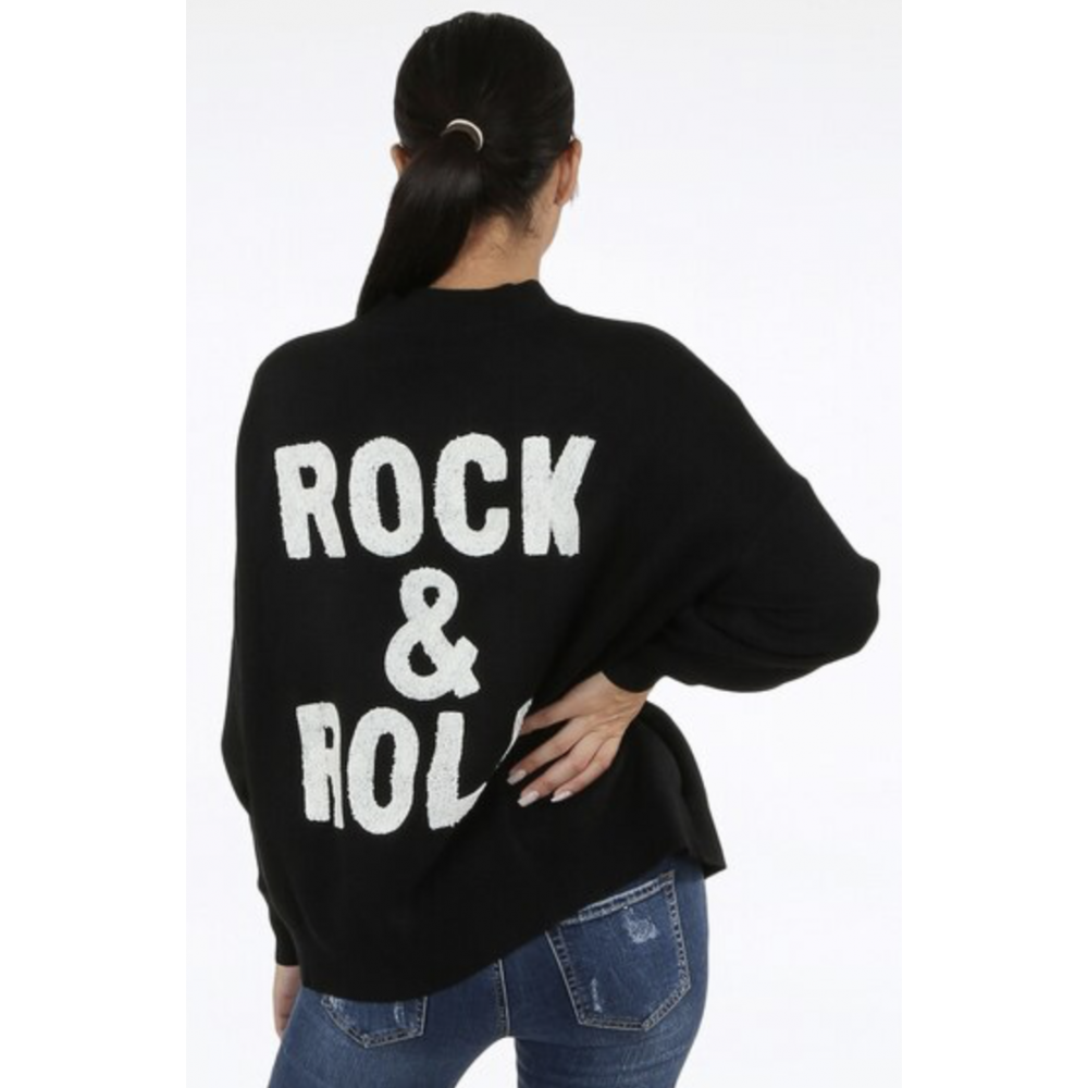 Rock & Roll Slogan Round Neck Jumper Black