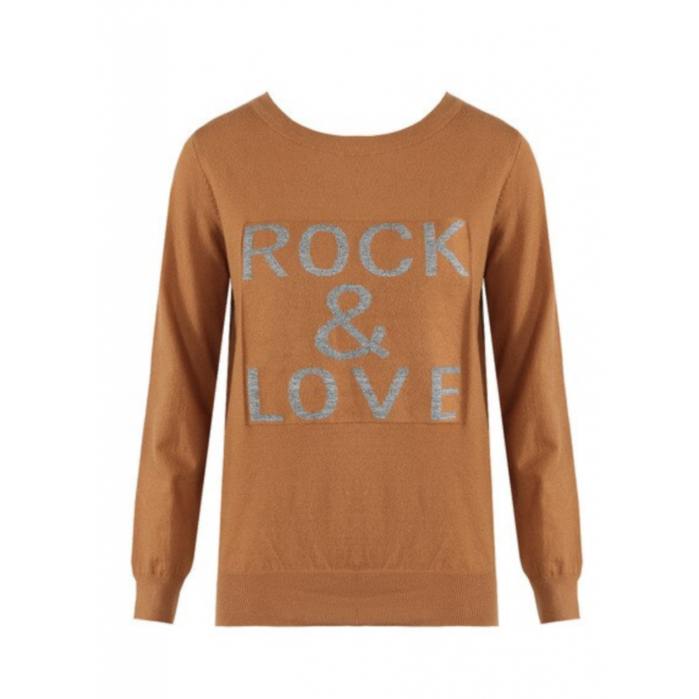 Rock & Love Slogan Ribbed Jumper Brown