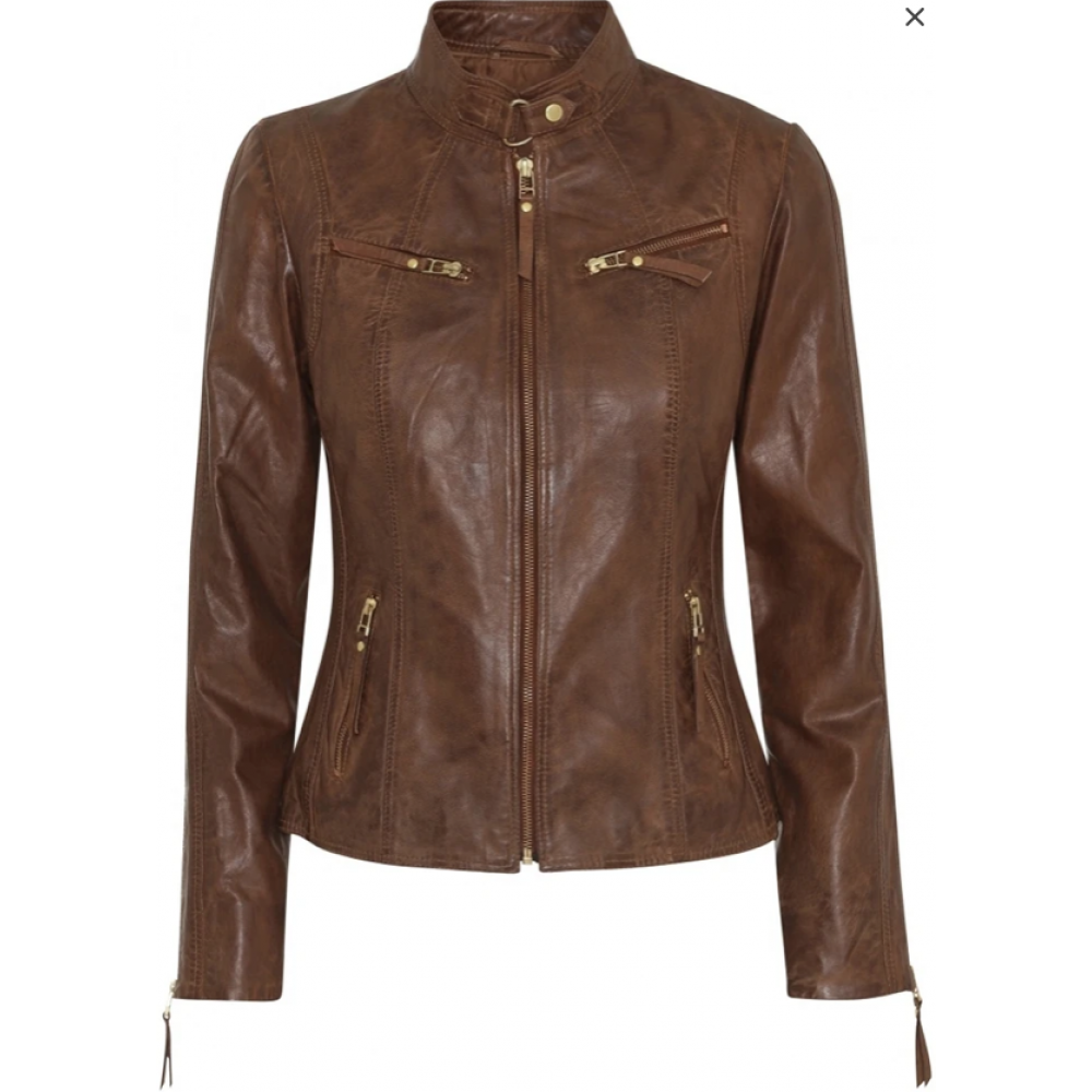 Biker jacket with collar - dark cognac